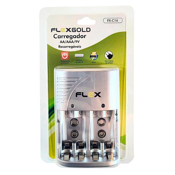 Carregador de Pilhas AA, AAA e 9V Flex Gold FX-C16 Bivolt
