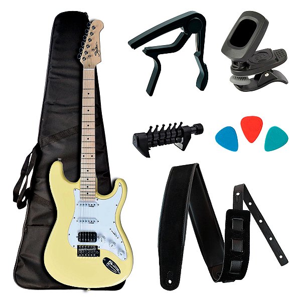 Guitarra Strato Shelter SSW Amarelo Vintage com Acessórios - Kit Start