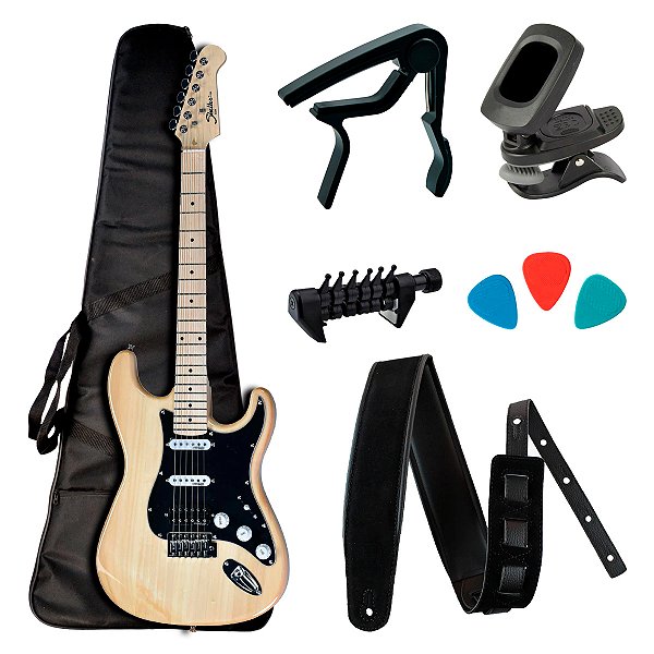 Guitarra Strato Shelter SSW Natural com Acessórios - Kit Start
