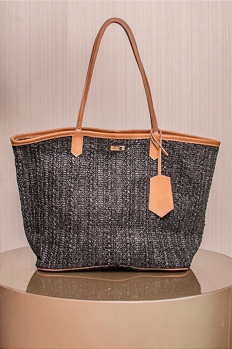Bag Palha Preta com Couro Bege