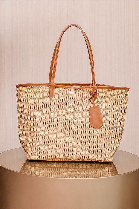 Bag Palha Natural com Couro Bege