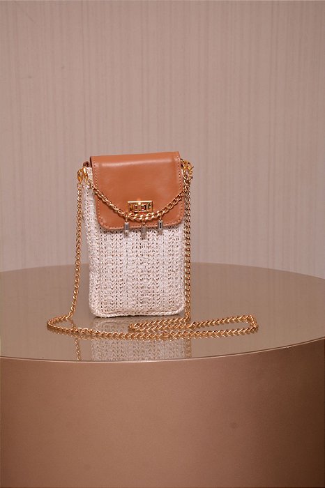 Mini Bolsa Porta Celular Palha Branca Couro Bege