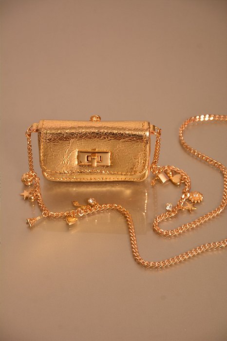 Micro Bolsa Pochete Couro Craquelado Dourado