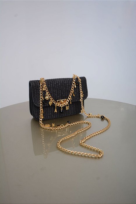 Bolsa Quadrada P Ilhós Palha Negra Couro Preto