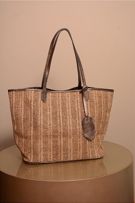Bag Palha marrom com Couro grafite