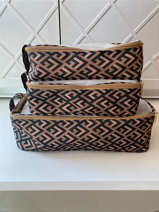 Kit Organizador de Viagem Personalizado Estampa Losango Preto e Bege