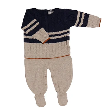 Macacão em Tricot Bebê Menino Ravi Azul Marinho com Listras Areia
