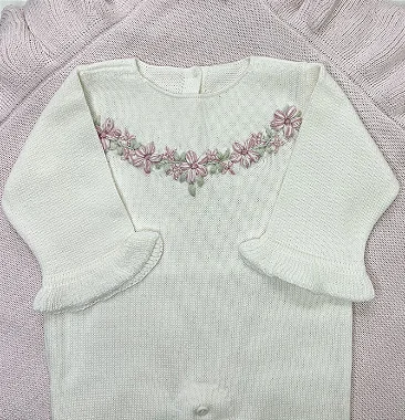Macacão em Tricot Bebê Menina Bordado Flores Off White
