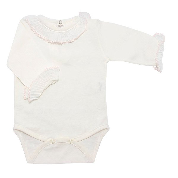 Body Renda Plissada Off com Rosa