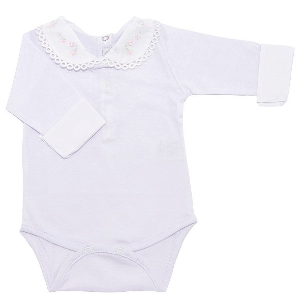 Body Bebê Menina Manga Longa Branco Bordado Flores Tulipa Rosa