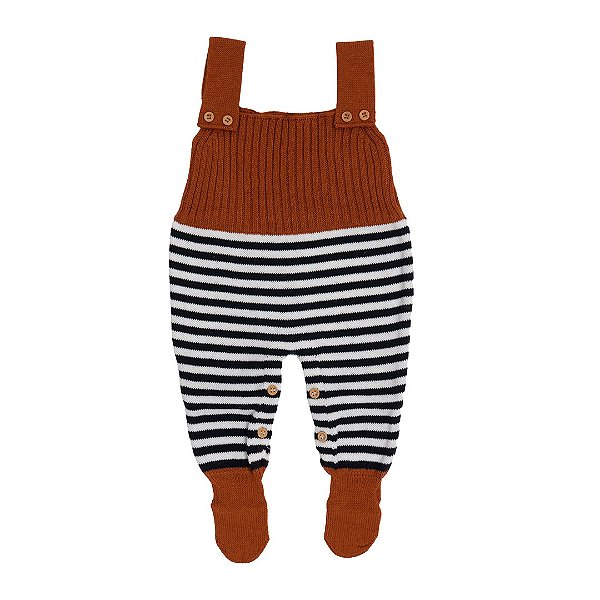 Jardineira em Tricot Listras - Azul e Caramelo