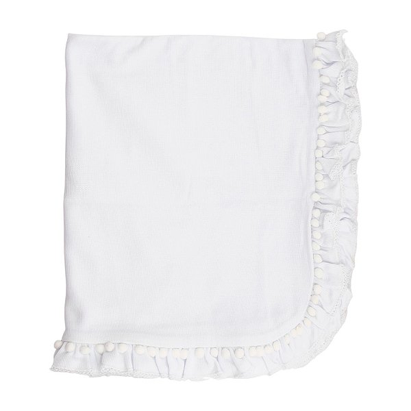 Manta Tricotil Bebê Babado e Pompom Branco