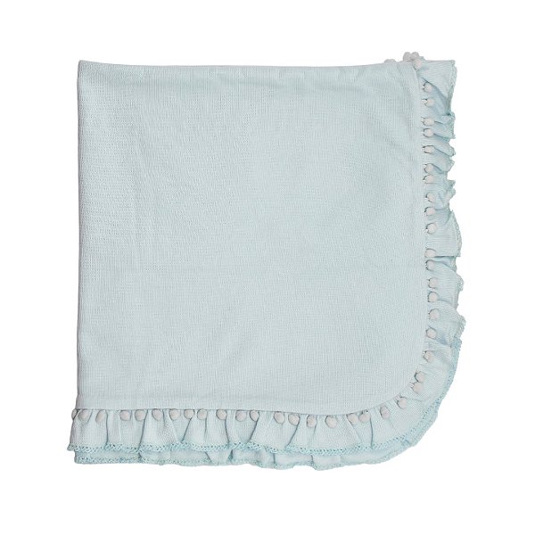 Manta Tricotil Babado e Pompom Azul Claro