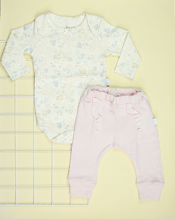 Conjunto Body Manga Longa e Calça com Babados em Suedine Bebê Menina Flores