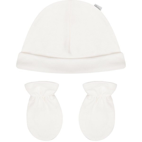 Kit Gorro e Luvas Bebê em Suedine 100% Algodão Off White