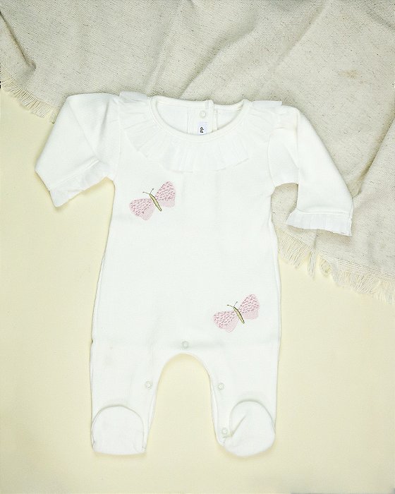 Macacão com Gola Tricotil Bebê Menina Bordado Borboletas Off White