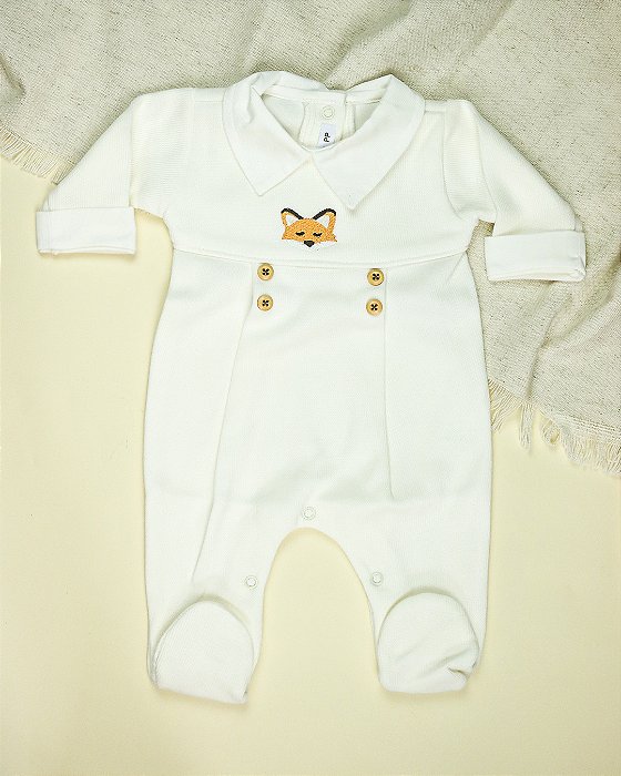 Macacão com Gola Tricotil Bebê Menino Bordado Raposa Off White