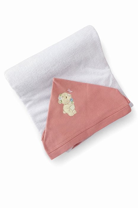 Toalha de Banho Bebê Branco Com Capuz Rose Ursinhos