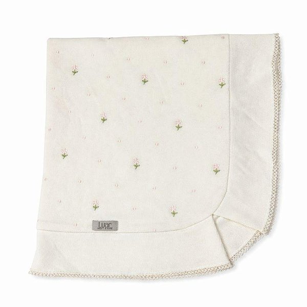 Manta Tricotil Babado Off White com Bordado Flor Nina