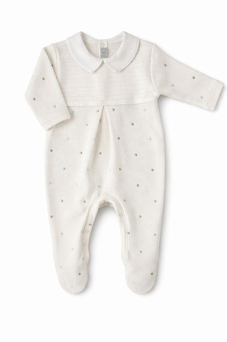 Macacão Tricotil Off White Nervura com Poá Azul e Bege