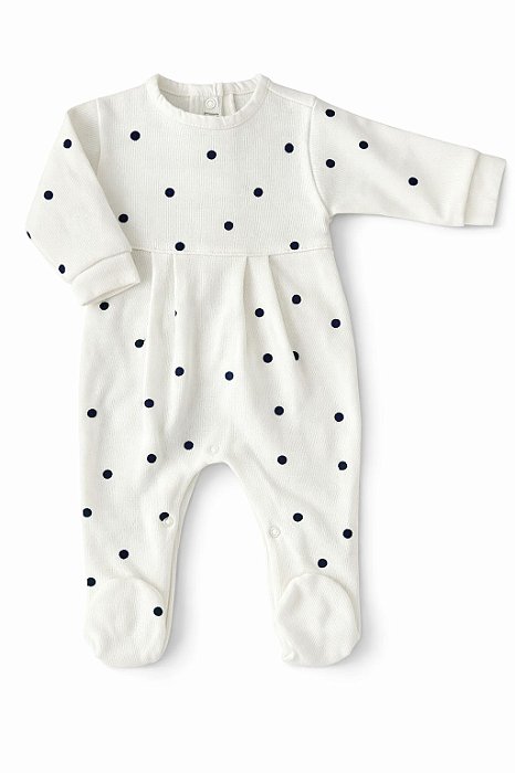 Macacão Tricotil Off White com Poá Azul Marinho