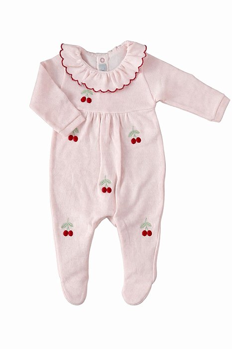 Macacão em Tricotil Rosa Gola Babado e Bordado Cerejinha