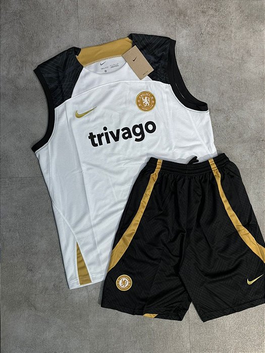 Conjunto Regata + Shorts  Chelsea Branco/Dourado