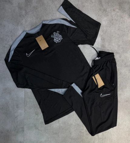 CONJUNTO DE TREINO CORINTHIANS MODELO JOGADOR PRETO E CINZA