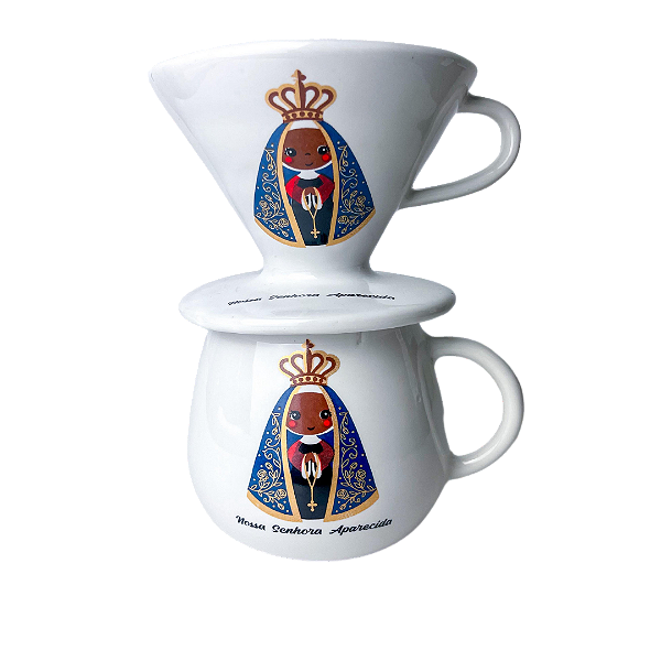 Kit - Xícara e coador 500ml de porcelana Nossa Senhora Aparecida