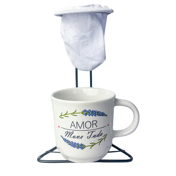 Kit xícara mais coador Amor Move Tudo em porcelana 200ml