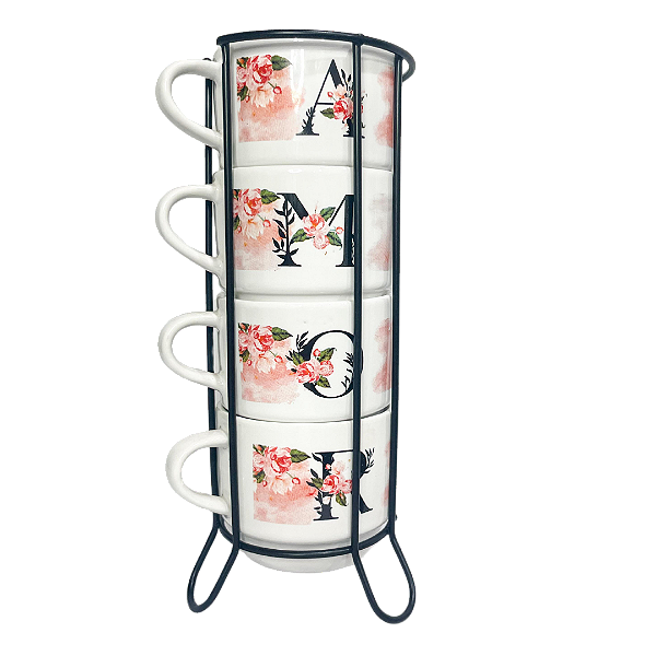 Kit xicara "AMOR" com 4 unidades 300 ml com suporte