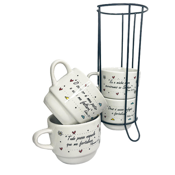 Kit xicaras  300 ml com frases bíblicas - 4unidades + suporte