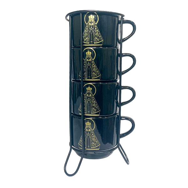 Kit xícaras preta 300 ml Nossa Senhora Aparecida Preto- 4 unidades + suporte