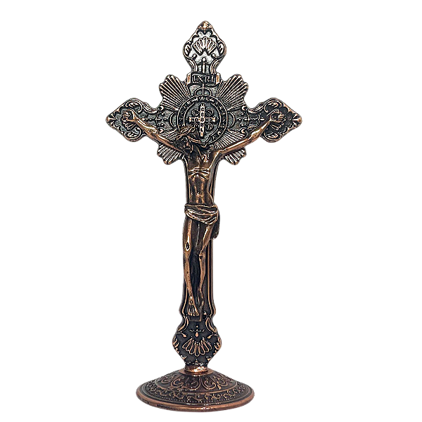 Crucifixo metal de mesa prata/bronze 17 cm