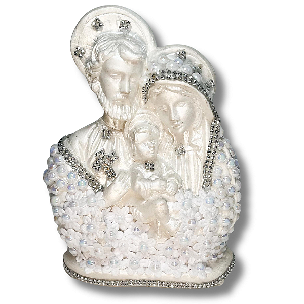 Imagem da Sagrada Família branca com pedrarias e detalhe flor em gesso - 22 cm