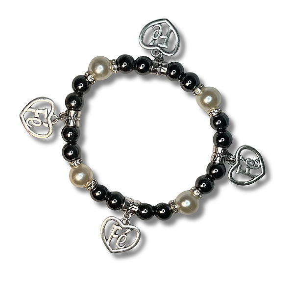 Pulseira de Miçangas de Hematita de Pérola com Pingente de Coração Fé
