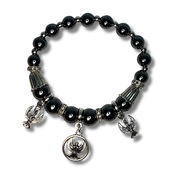 Pulseira de Miçanga Hematita com Pingente do Espírito Santo