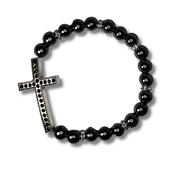 Pulseira de Miçanga Hematita com Pingente de Cruz com Detalhes