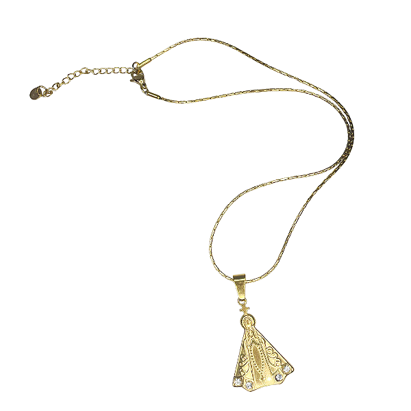 Colar de Aço Inox Dourado com Pingente de Nossa Senhora Aparecida com Detalhe Cravejado