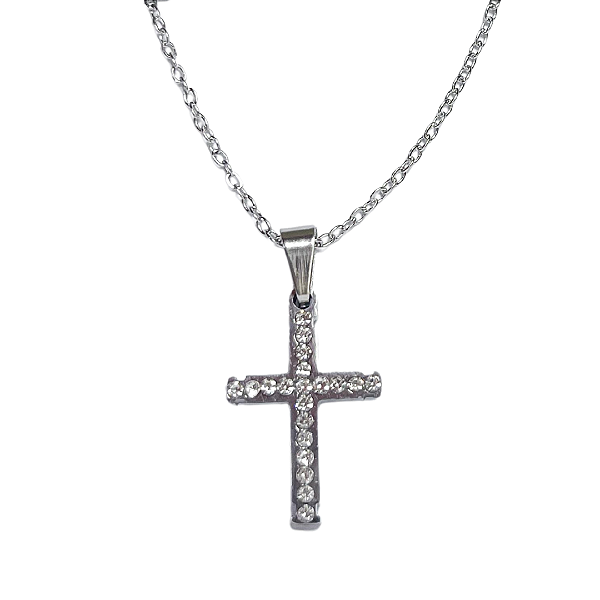 Colar de Aço Inox Prata com Pingente de Cruz Cravejada