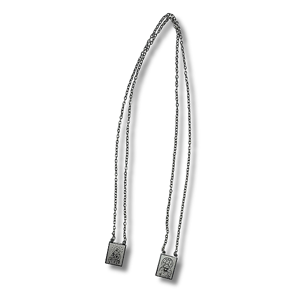 Escapulário de Aço Inox Prateado Sagrado coração de Jesus e Nossa Srª. do Carmo