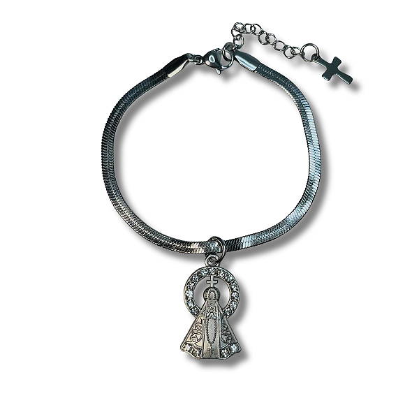 Pulseira em Aço Inox com Pingente de Nossa Srª. Aparecida Cravejado