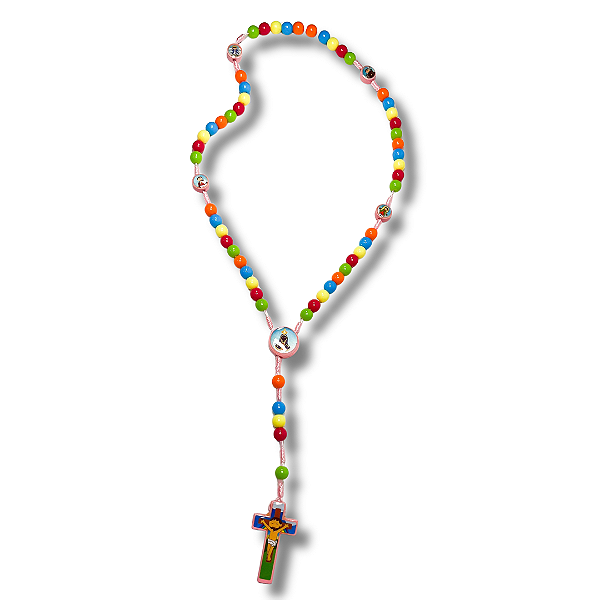 Terço Colorido Infantil com Medalhas de Santos e Crucifixo Ilustrado - 38cm