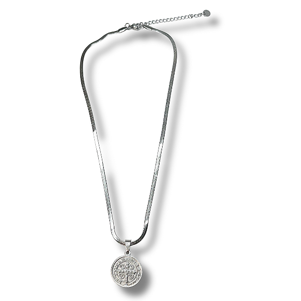 Colar de São Bento em aço inox Prateado - Unissex 20cm