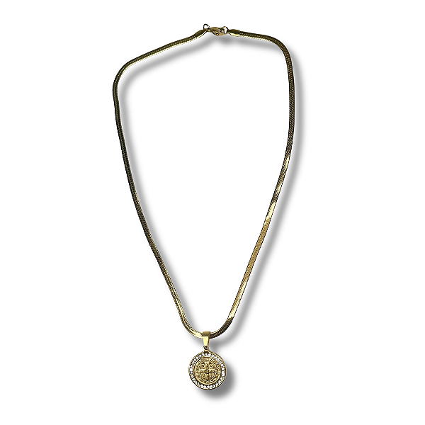 Colar com Medalha de São Bento Cravejada em Aço Inox – 23cm