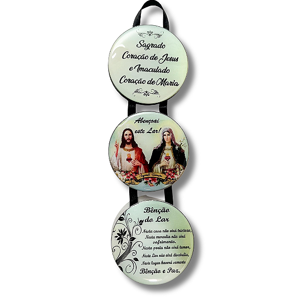 Adorno de Porta Sagrado Coração de Jesus e Imaculado Coração de Maria Triplo em MDF