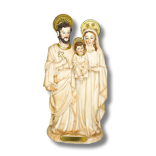Imagem Sagrada Família em Tons Marfim com Detalhe Dourados em Resina - 21cm