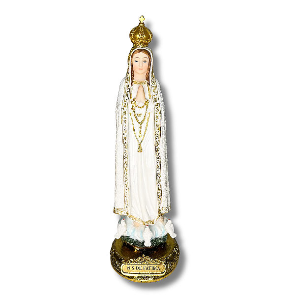 Imagem em Resina Nossa Senhora de Fátima Branca com Manto em Detalhes Dourados - 23cm