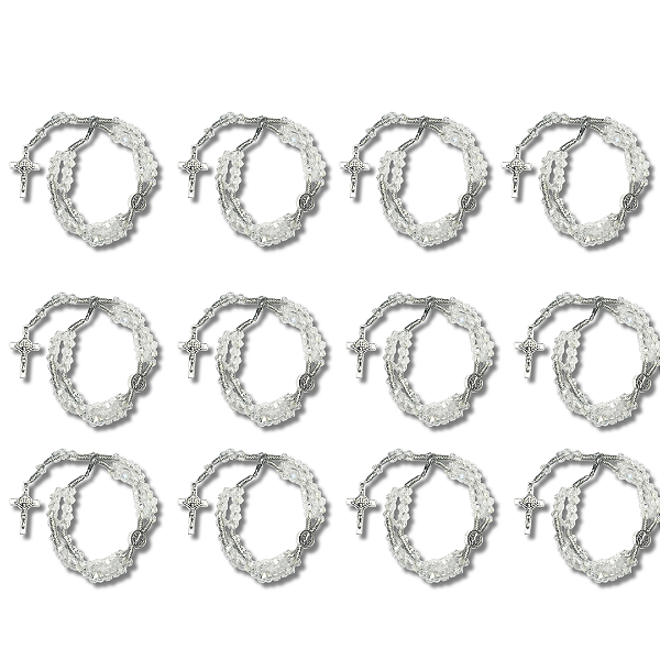 Kit com 12 Terço de Pulso de Cristal Branco com Medalha de São Bento - Atacado