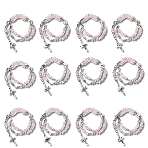 Kit com 12 Terço de Pulso de Cristal Rosa com Medalha de São Bento - Atacado